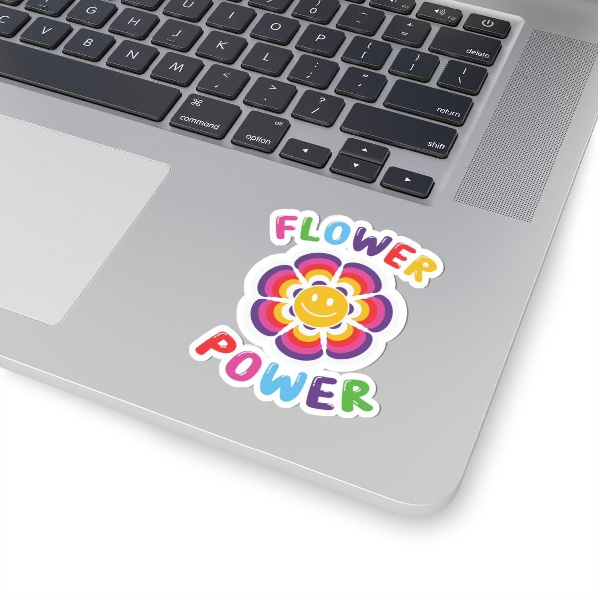 Flower Power Smiley Face Sticker: 70s Retro Rainbow Vinyl Decal