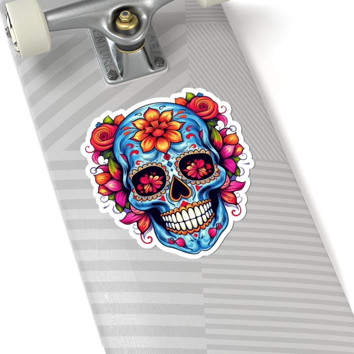 Blue Sugar Skull Vinyl Sticker: Floral Dia de los Muertos Decal