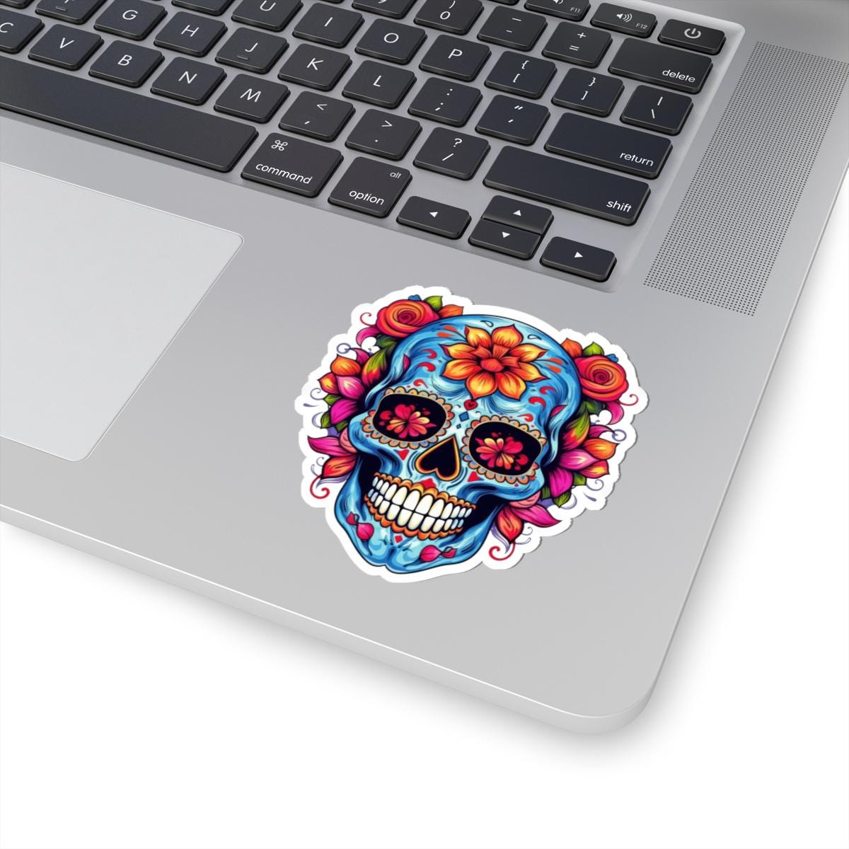 Blue Sugar Skull Vinyl Sticker: Floral Dia de los Muertos Decal