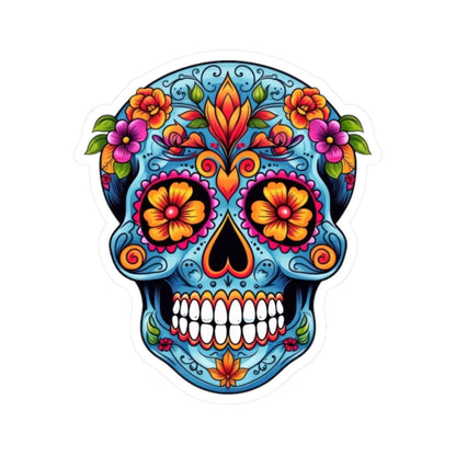 Blue Floral Sugar Skull Sticker: Waterproof Vinyl Decal - Dia de los Muertos Art