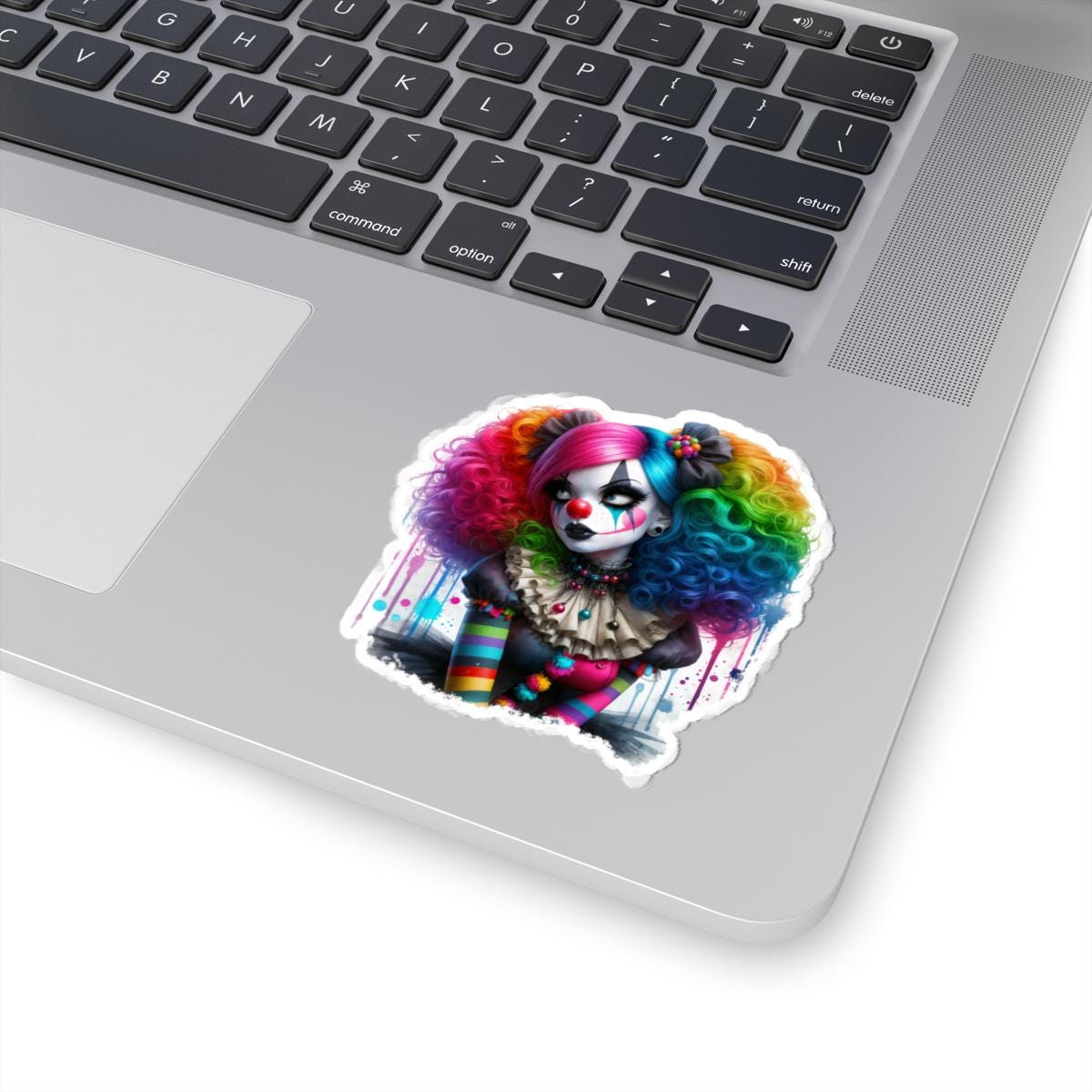 ColorFlow | Rainbow Gothic Clown Sticker | Creepy Cute Circus Doll Art | Alt Aesthetic Glossy Vinyl Sticker