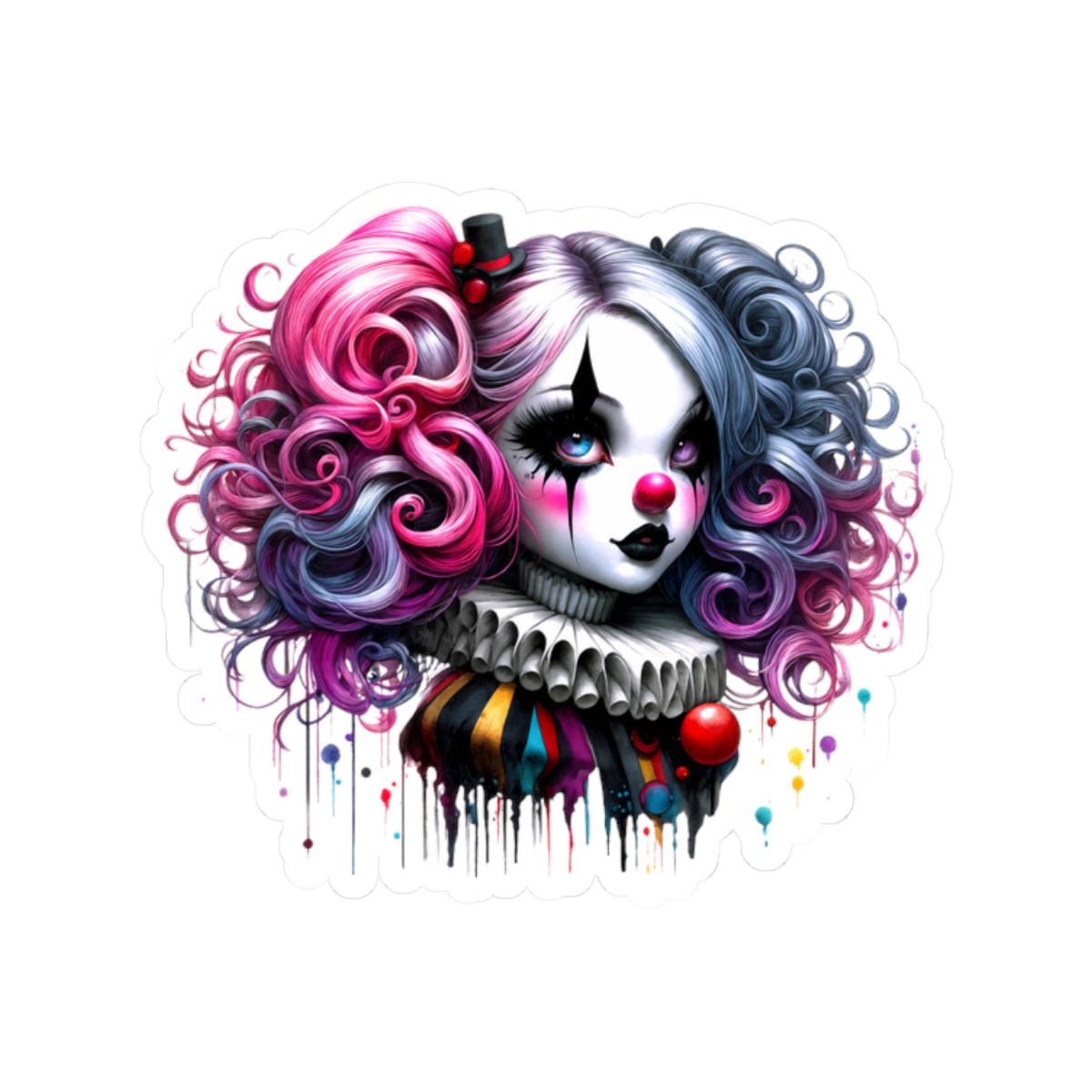 Gothic Circus Doll Sticker: Pink & Blue Clowncore Art Decal