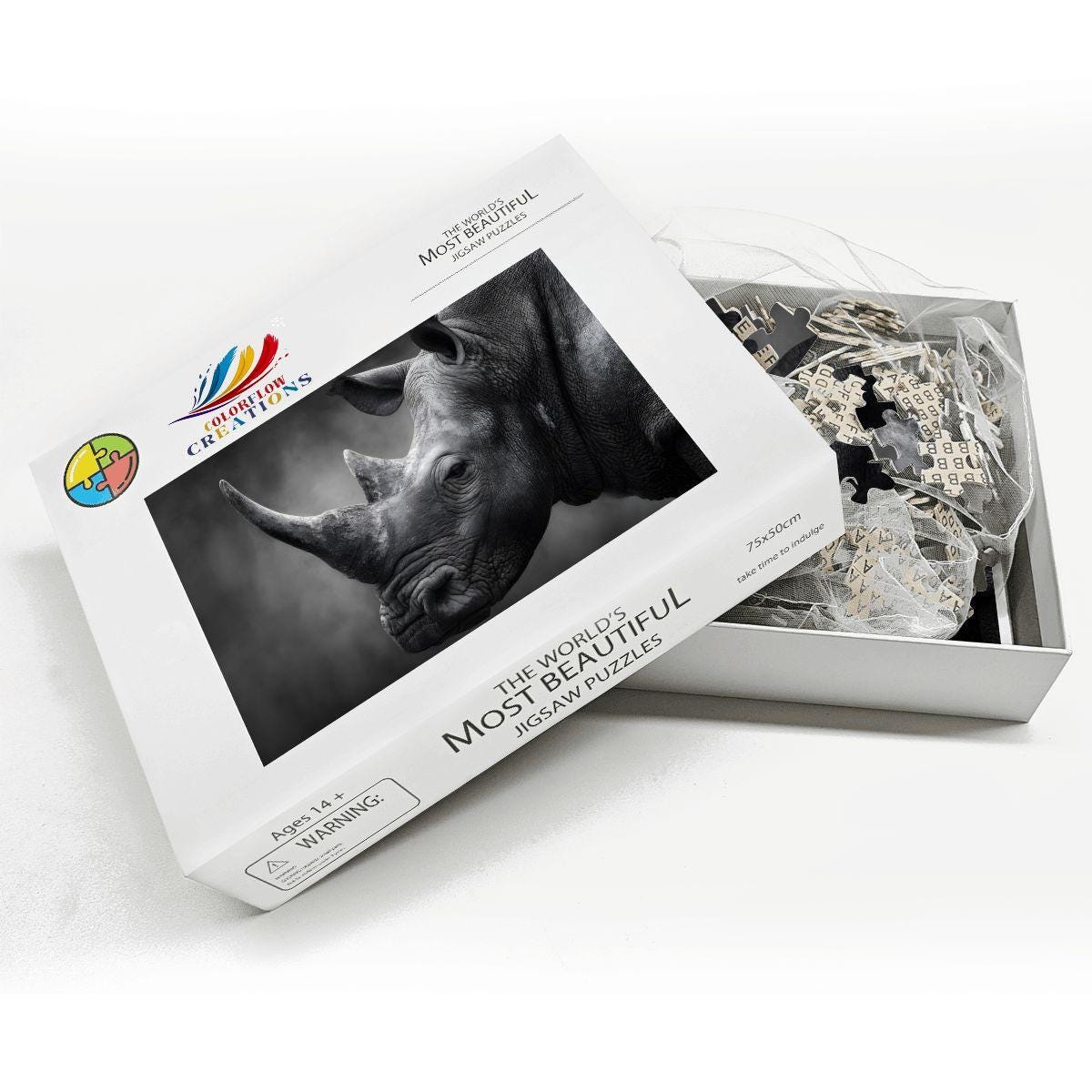 Rhinoceros Wooden Jigsaw Puzzle: Monochrome Wildlife Art