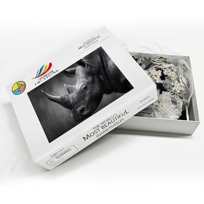 Rhinoceros Wooden Jigsaw Puzzle: Monochrome Wildlife Art