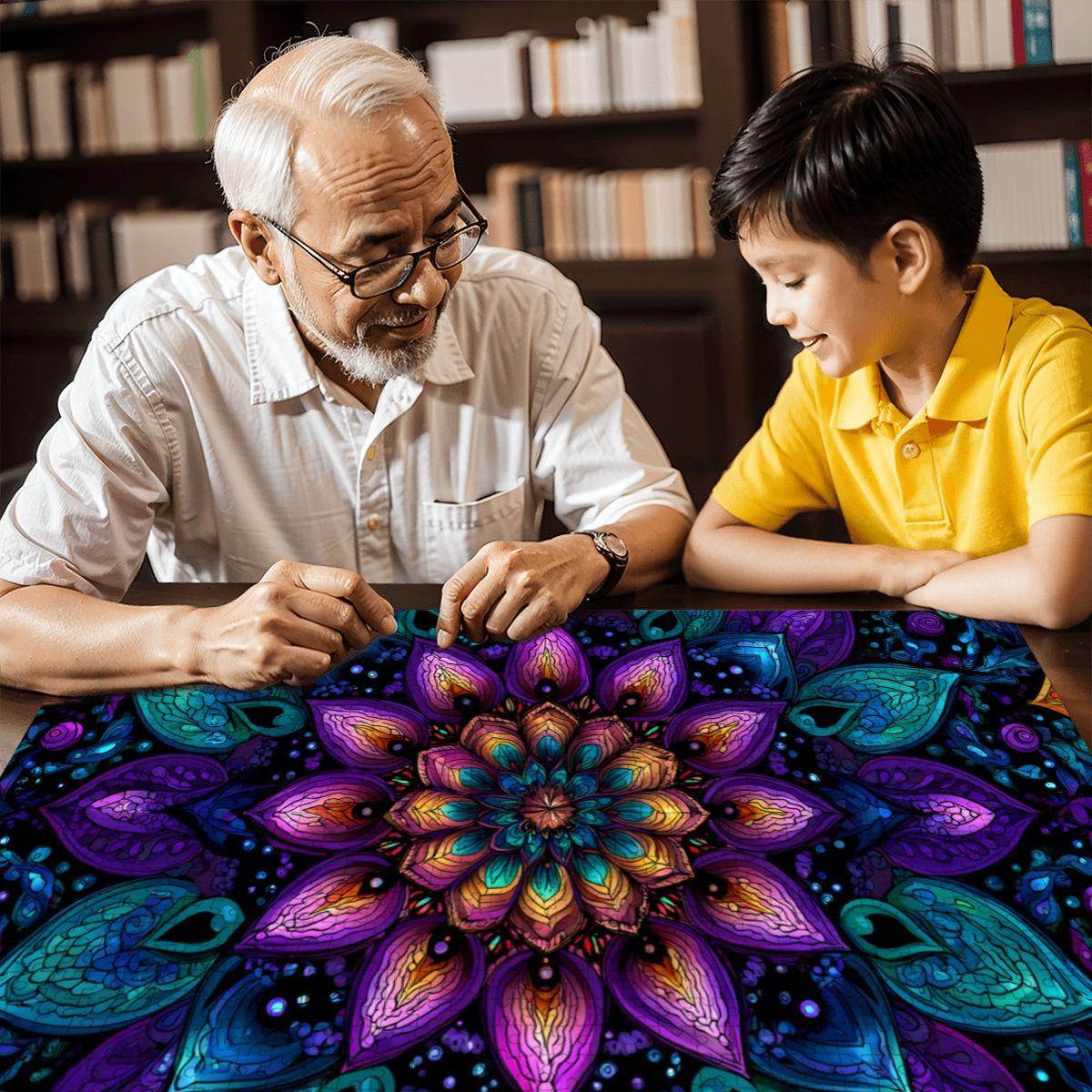 Stained Glass Mandala Wooden Jigsaw Puzzle: Boho Zen Decor