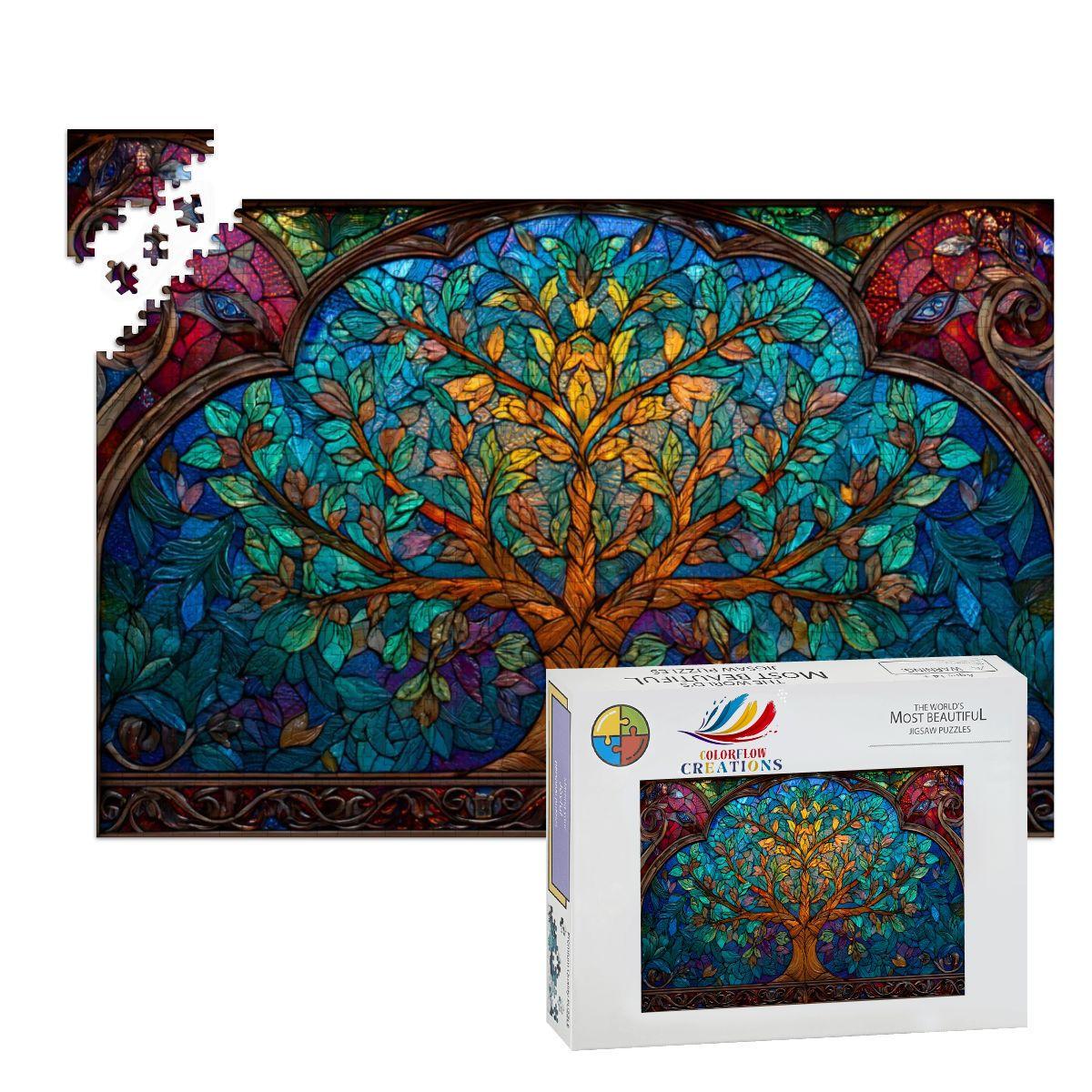 Tree of Life Stained Glass Jigsaw Puzzle: Spiritual Nature Art