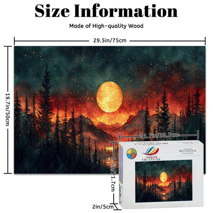 Moonlit Forest Fire Wooden Jigsaw Puzzle: Celestial Woodland Art