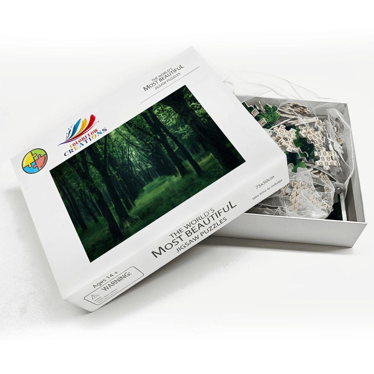 Enchanted Green Forest Wooden Jigsaw Puzzle: Tranquil Woodland Scene