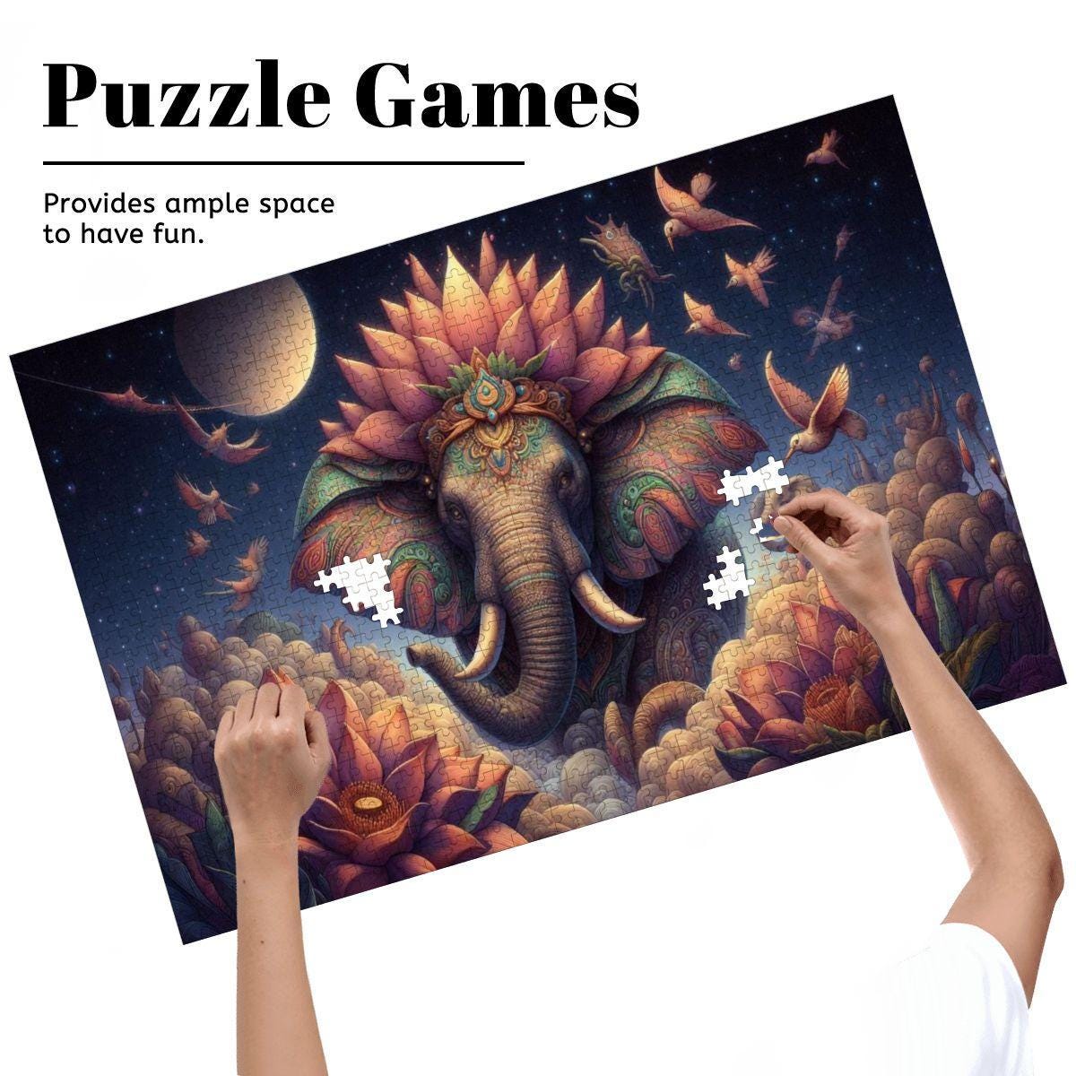 Cosmic Lotus Elephant Wooden Jigsaw Puzzle: Celestial Fantasy Art