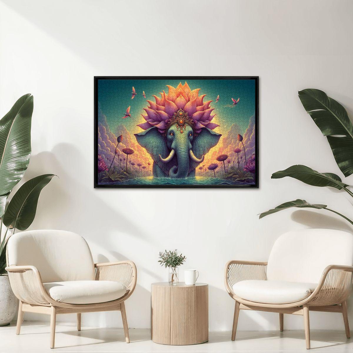Lotus Crowned Elephant Jigsaw Puzzle: Dreamy Sunset Water Garden