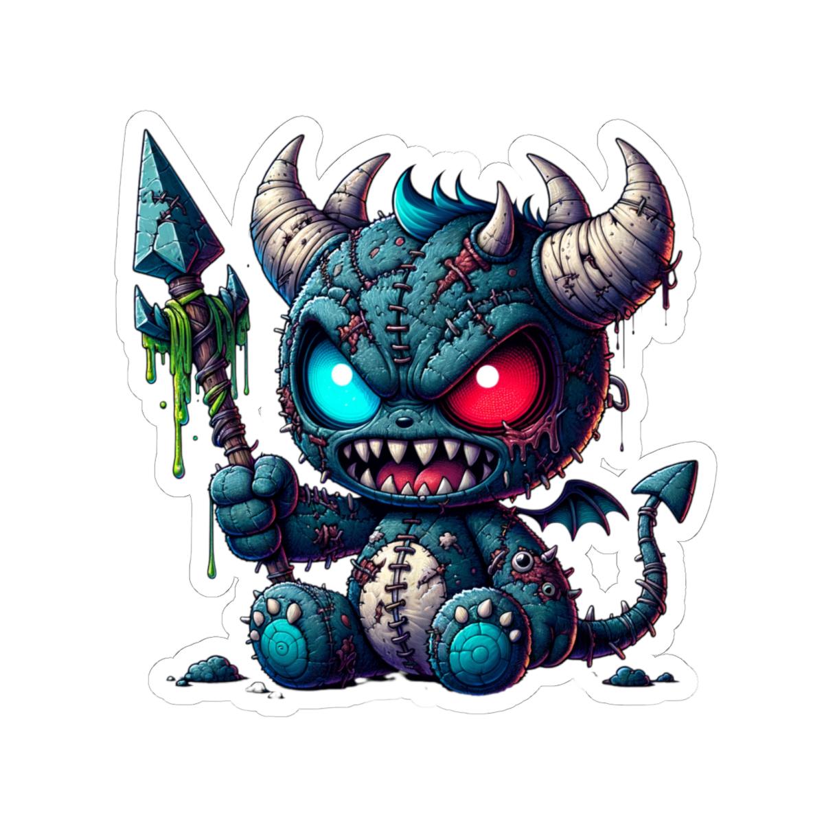 ColorFlow | Stitched Demon Plushie Monster Vinyl Sticker | Dual Eye Art Decal | Unique Collectible | Fantasy Gift Idea