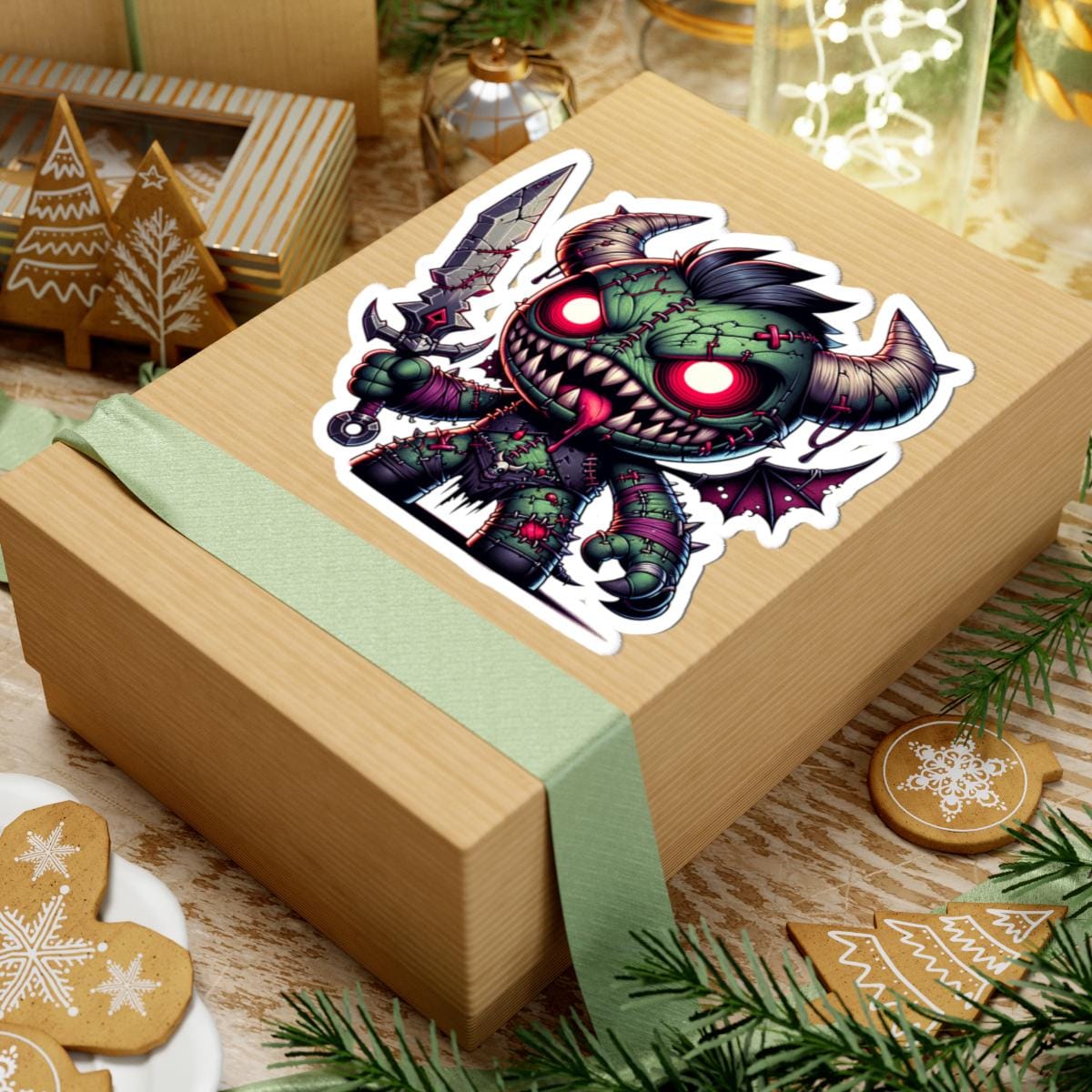 ColorFlow | Green Stitched Demon Plushie Monster Vinyl Sticker | Sword Art Decal | Unique Collectible | Fantasy Gift