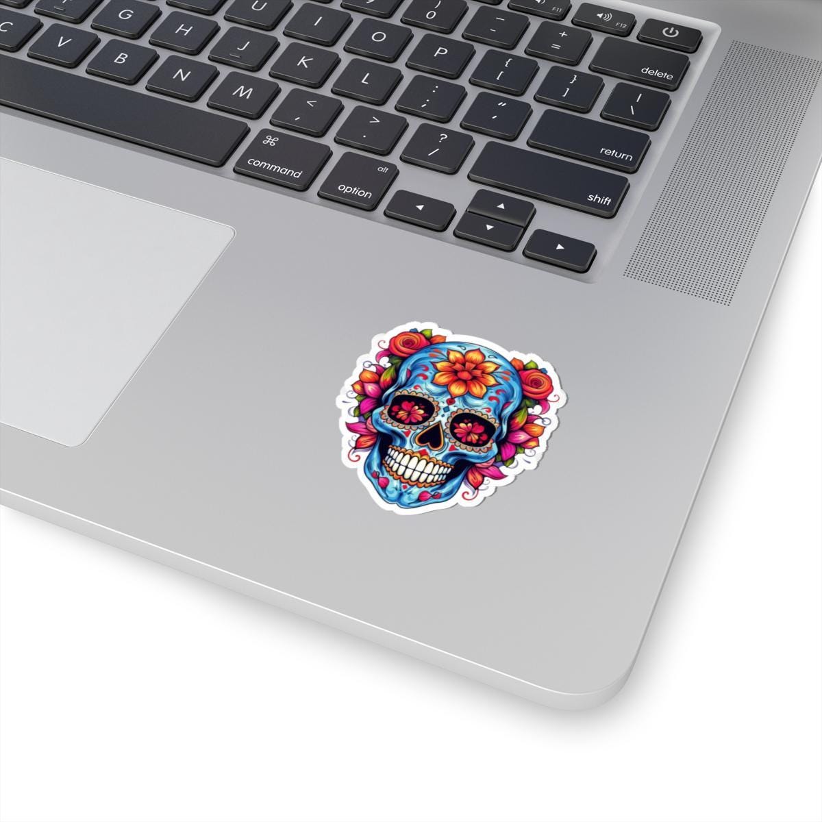 Blue Sugar Skull Vinyl Sticker: Floral Dia de los Muertos Decal