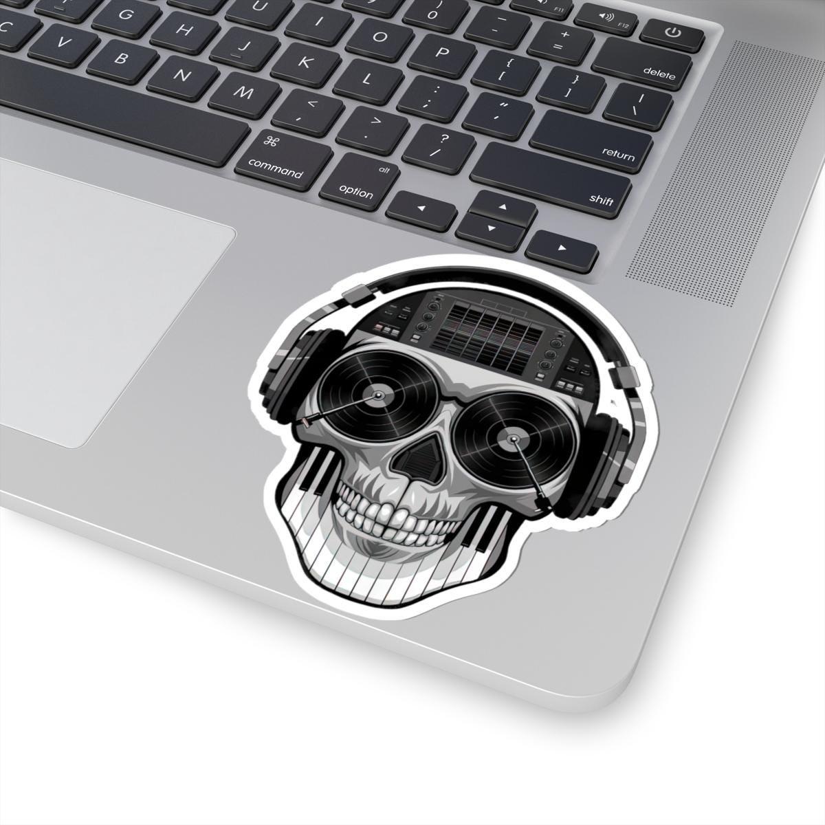 DJ Skull Sticker: Grayscale Vinyl Decal for Music Lovers