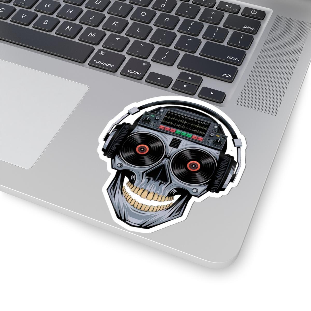 DJ Skull Sticker: Red Vinyl Eyes, Headphones, Mixer - Waterproof EDM Decal