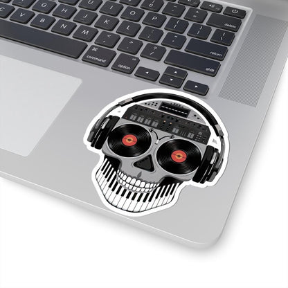 DJ Skull Sticker: Red Vinyl Eyes, Mixer, Headphones - Waterproof EDM Decal