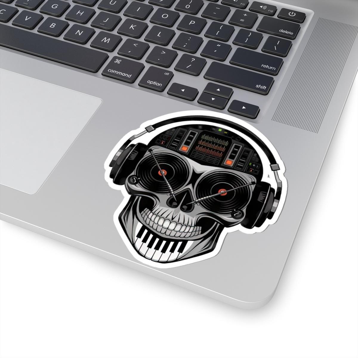 DJ Skull Sticker: Red Vinyl Eyes, Mixer, Piano - EDM Music Decal