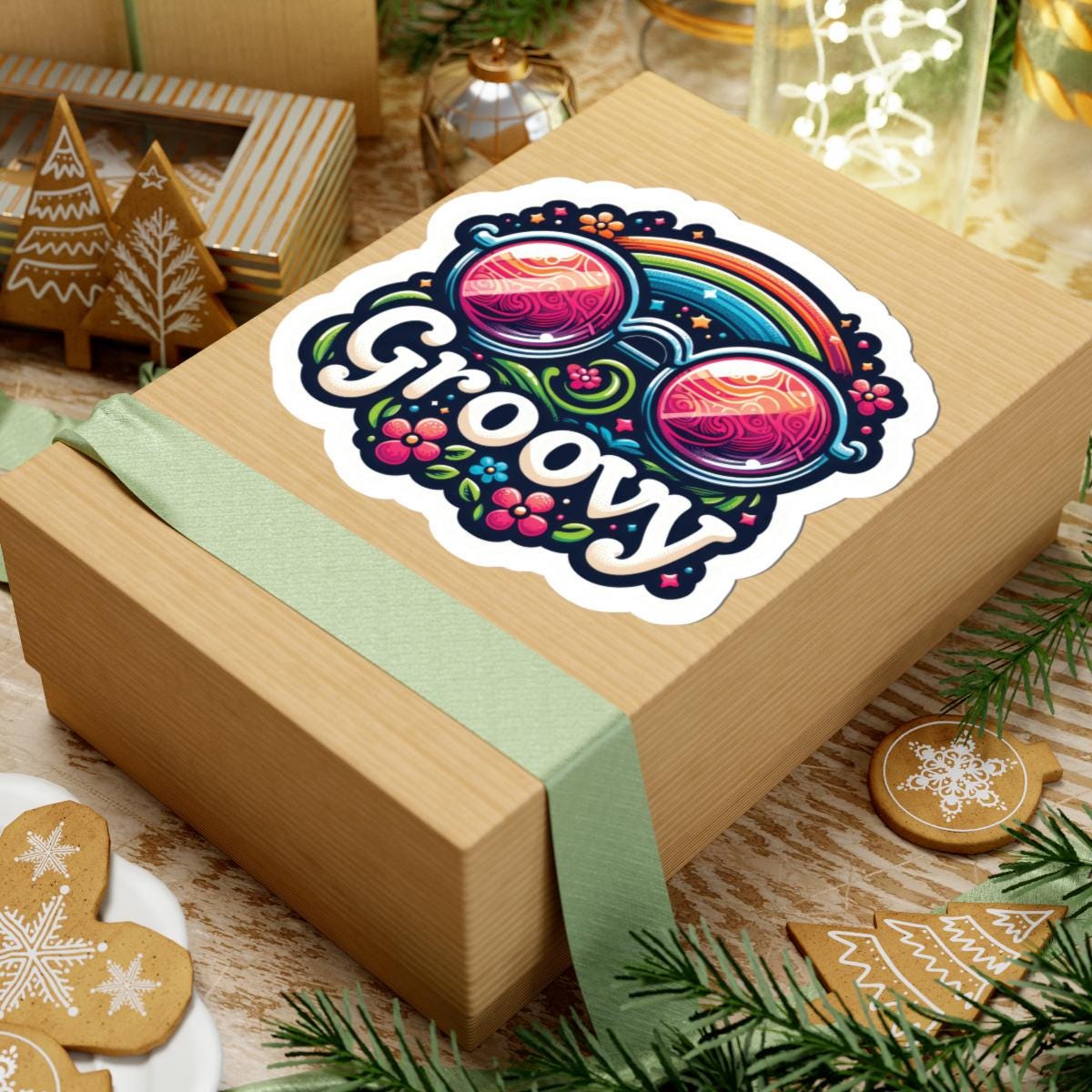 Retro Rainbow Sunglasses Sticker: 70s Hippie Floral Vinyl Decal