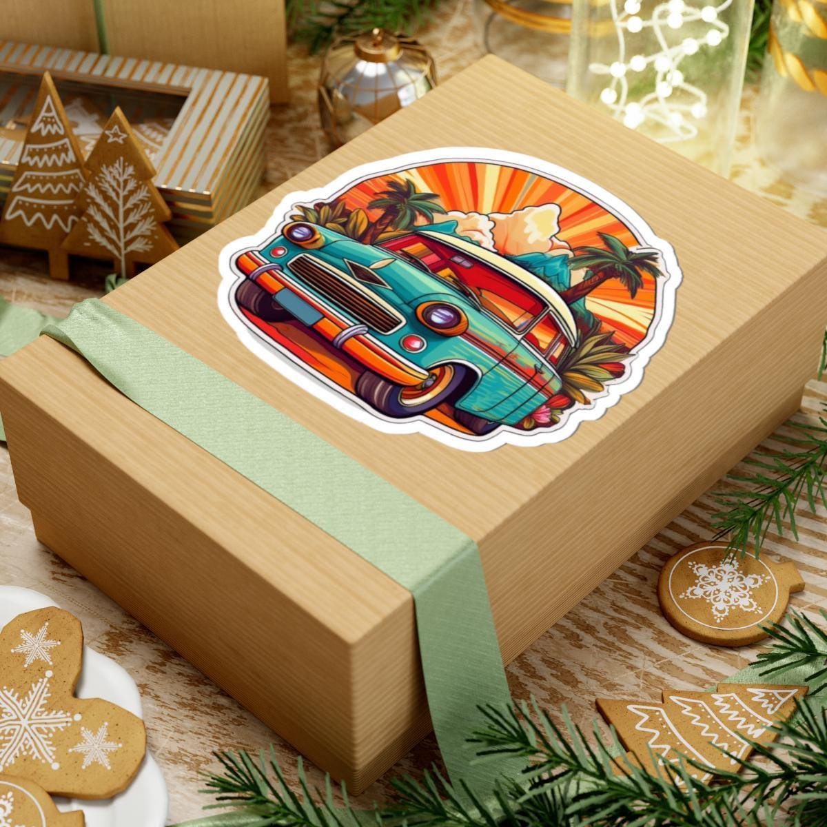 ColorFlow | Retro Tropical Car Sticker with Sunset and Palm Trees Vibe