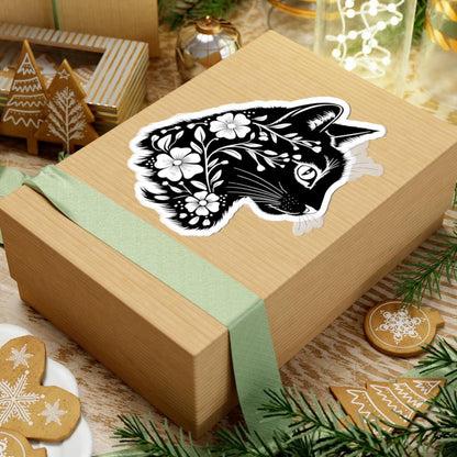 Floral Cat Sticker: Black & White Botanical Vinyl Decal