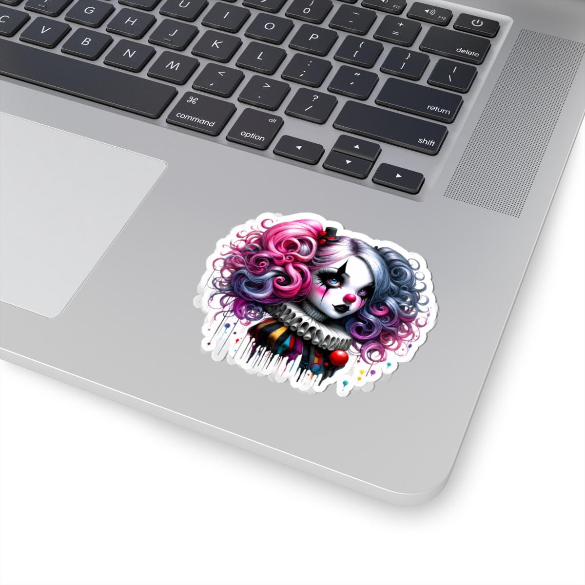 Gothic Circus Doll Sticker: Pink & Blue Clowncore Art Decal
