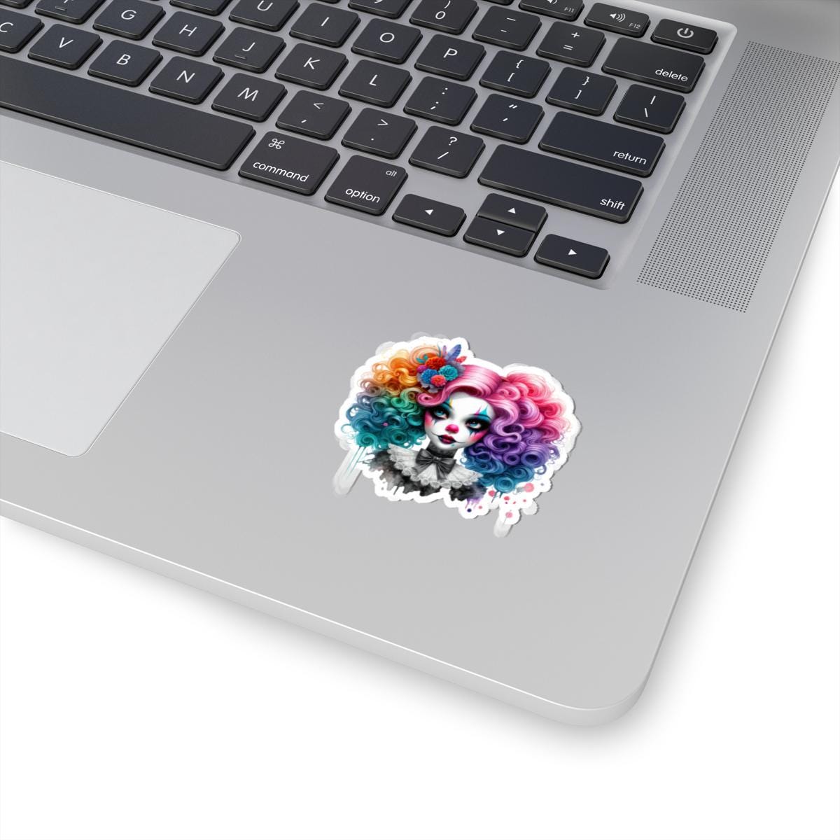 Rainbow Clown Girl Sticker: Vintage Circus Art, Floral Goth Decal