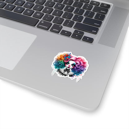Rainbow Clown Girl Sticker: Vintage Circus Art, Floral Goth Decal