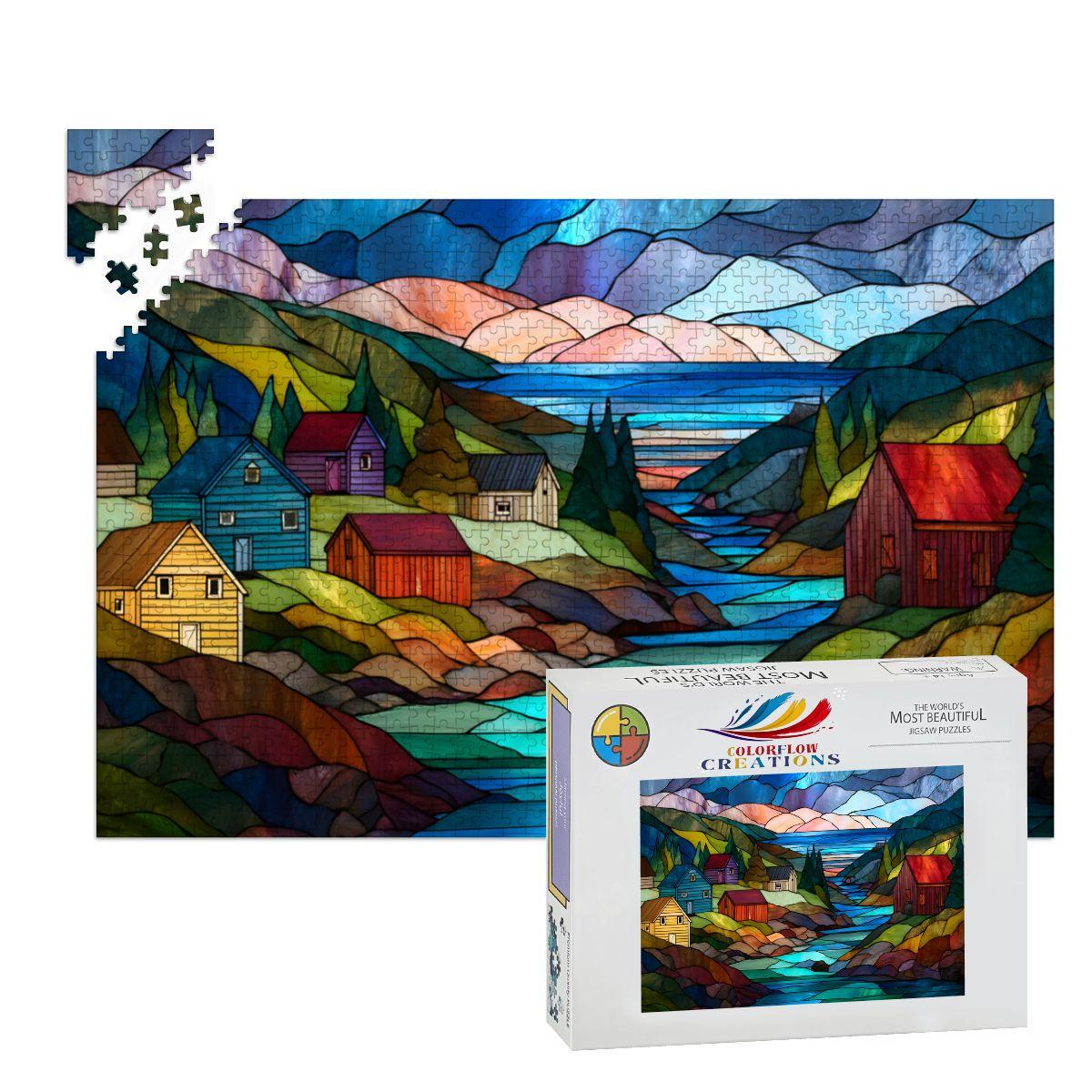ColorFlow | Wooden Jigsaw Puzzle | Stained Glass Mountain Village Art Wood Puzzle for Adults and Kids | Relaxing Gift