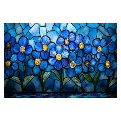 ColorFlow | Wooden Jigsaw Puzzle | Stained Glass Blue Flower Art Wood Puzzle for Adults and Kids | Relaxing Gift