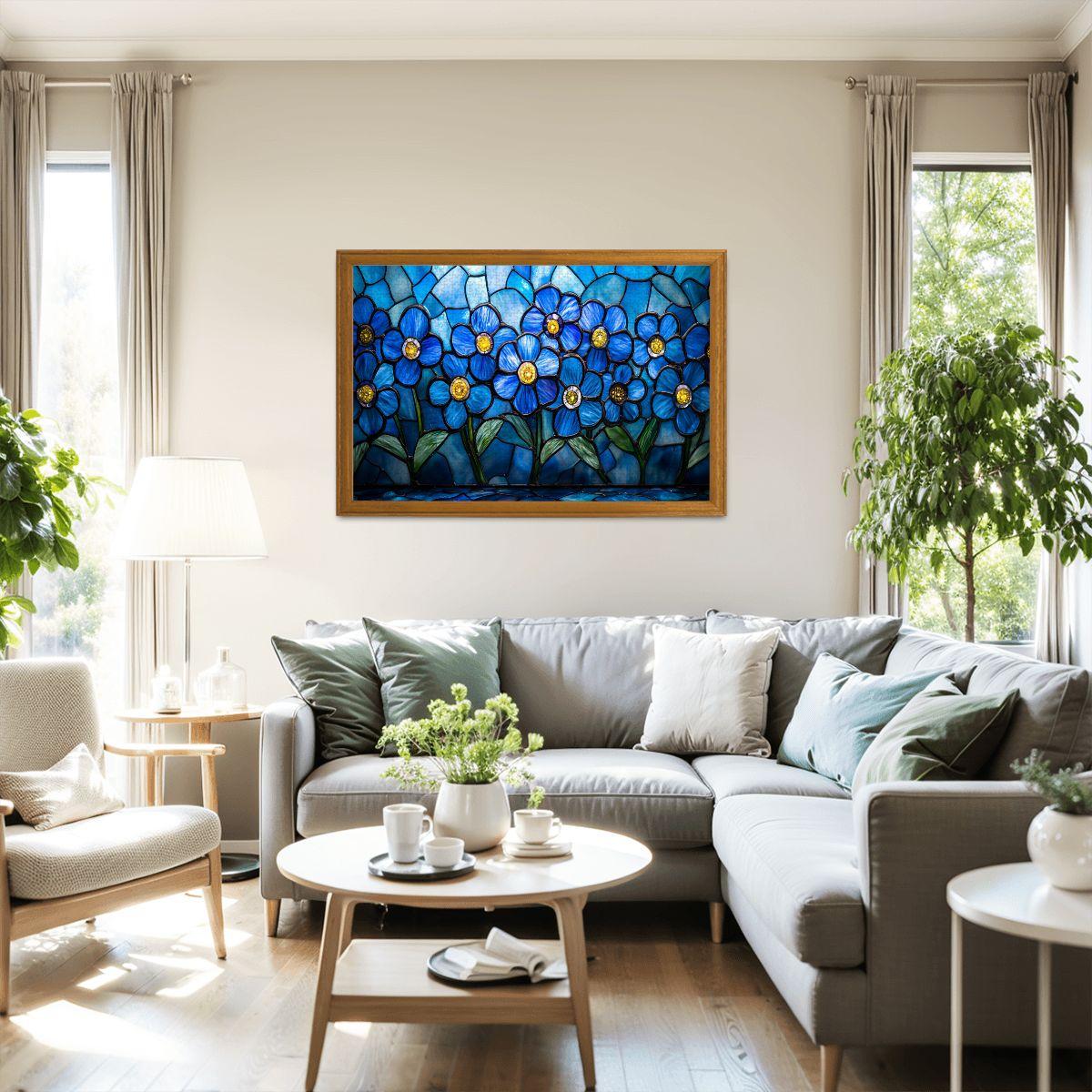 ColorFlow | Wooden Jigsaw Puzzle | Stained Glass Blue Flower Art Wood Puzzle for Adults and Kids | Relaxing Gift