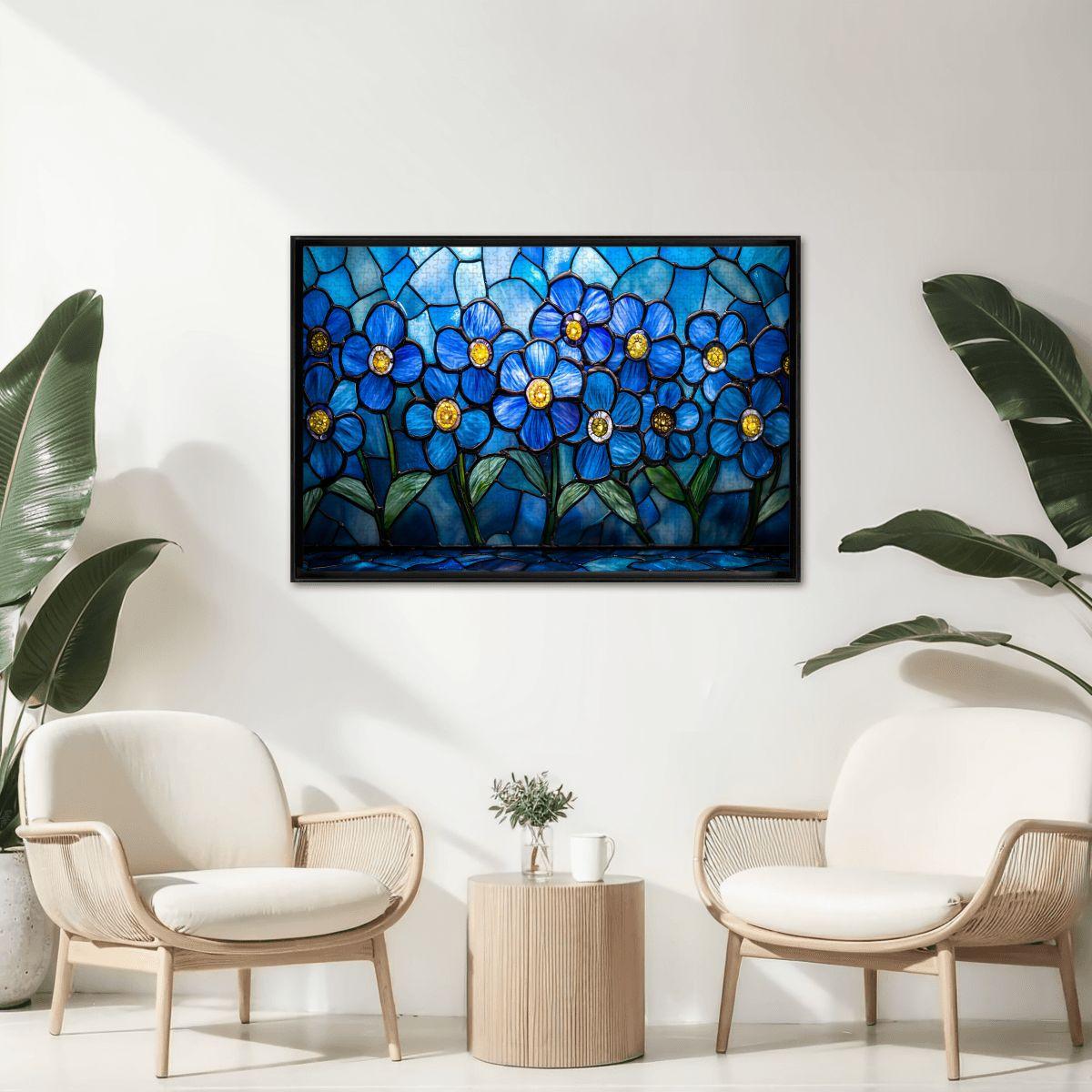 ColorFlow | Wooden Jigsaw Puzzle | Stained Glass Blue Flower Art Wood Puzzle for Adults and Kids | Relaxing Gift
