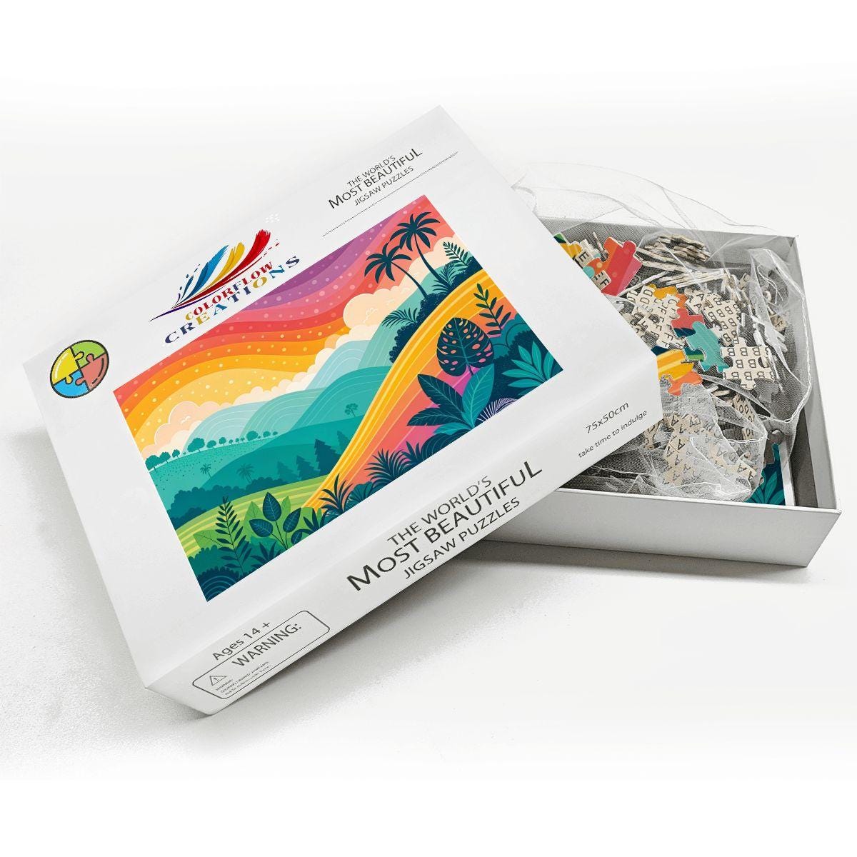 ColorFlow | Wooden Jigsaw Puzzle | Rainbow Sunset Tropics Art Wood Puzzle for Adults and Kids | Relaxing  Gift
