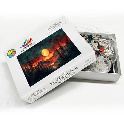Moonlit Forest Fire Wooden Jigsaw Puzzle: Celestial Woodland Art
