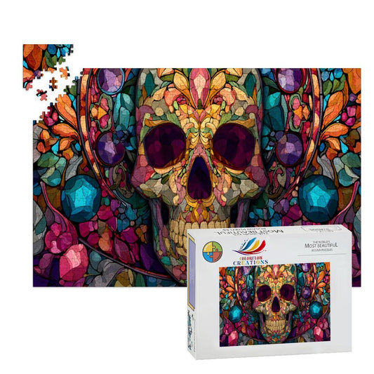 Floral Skull Stained Glass Jigsaw Puzzle: Gothic Botanical Art Decor