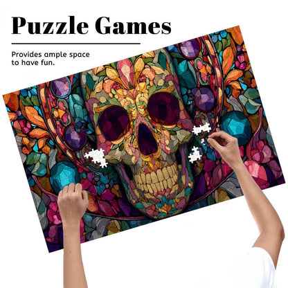 Floral Skull Stained Glass Jigsaw Puzzle: Gothic Botanical Art Decor