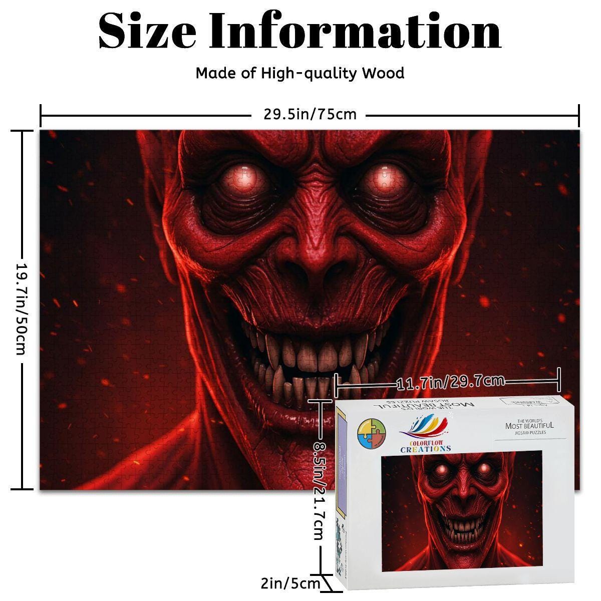 ColorFlow | Creepy Demon Puzzle in Fiery Horror Style | Scary Art Jigsaw for Adults | Haunted Gothic Wooden Jigsaw Puzzle