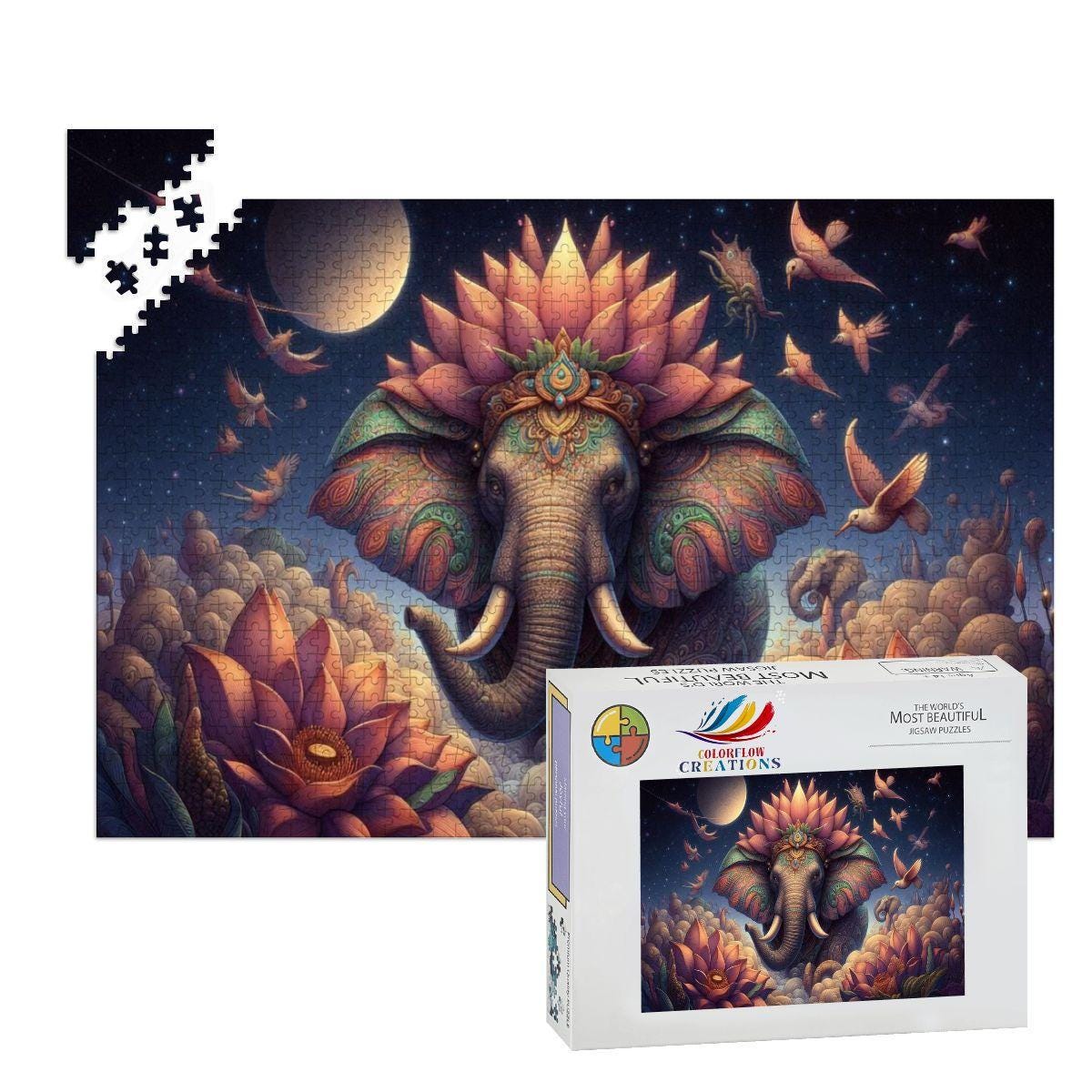Cosmic Lotus Elephant Wooden Jigsaw Puzzle: Celestial Fantasy Art