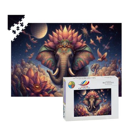 Cosmic Lotus Elephant Wooden Jigsaw Puzzle: Celestial Fantasy Art