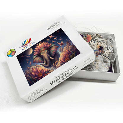 Cosmic Lotus Elephant Wooden Jigsaw Puzzle: Celestial Fantasy Art