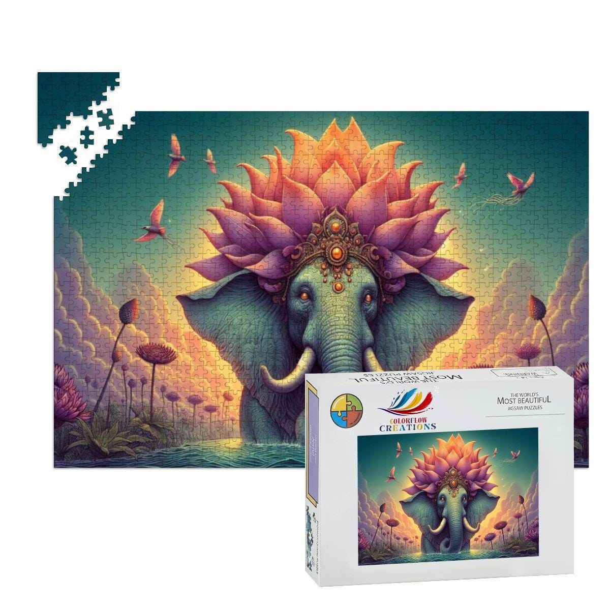 Lotus Crowned Elephant Jigsaw Puzzle: Dreamy Sunset Water Garden