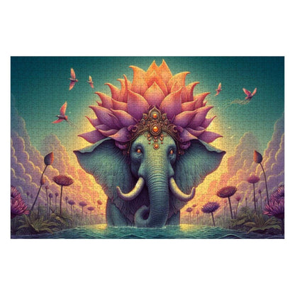 Lotus Crowned Elephant Jigsaw Puzzle: Dreamy Sunset Water Garden