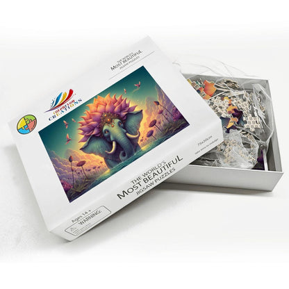 Lotus Crowned Elephant Jigsaw Puzzle: Dreamy Sunset Water Garden