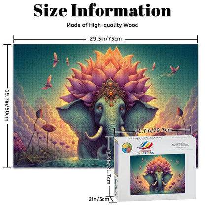 Lotus Crowned Elephant Jigsaw Puzzle: Dreamy Sunset Water Garden
