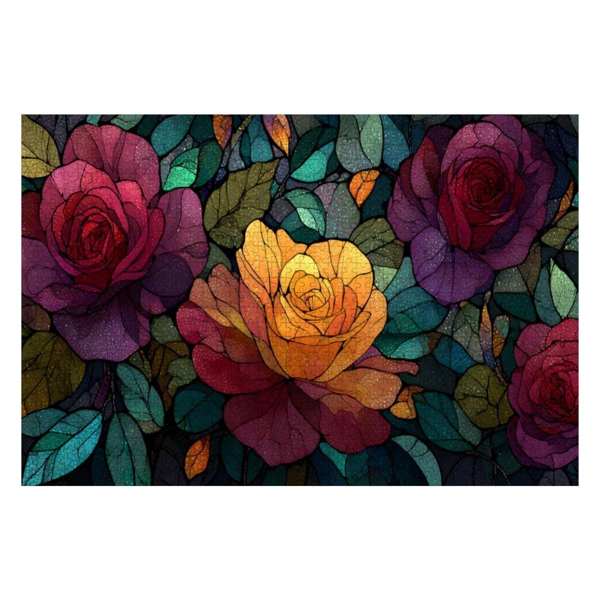 Stained Glass Rose Jigsaw Puzzle: Colorful Botanical Art, Basswood