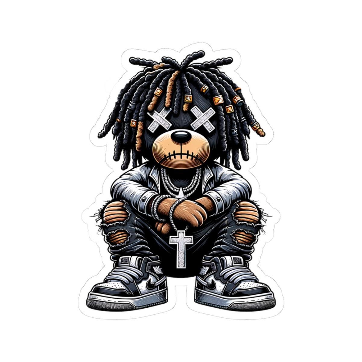 Dreadlock Bear Vinyl Sticker: Urban Gothic Streetwear, Waterproof