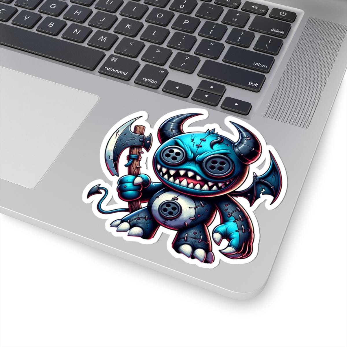 ColorFlow | Blue Demon Plushie Monster Vinyl Sticker | Button Eye Art Decal | Unique Collectible | Cute Spooky Gift Idea