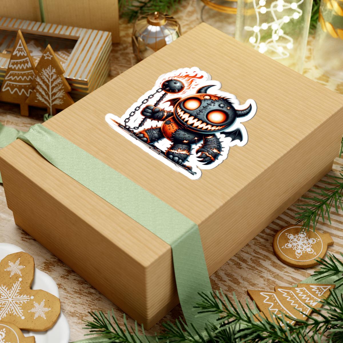 ColorFlow | Stitched Demon Plushie Vinyl Sticker | Fire Mace Art Decal | Spooky Cute Collectible | Unique Gift for Monster Fans