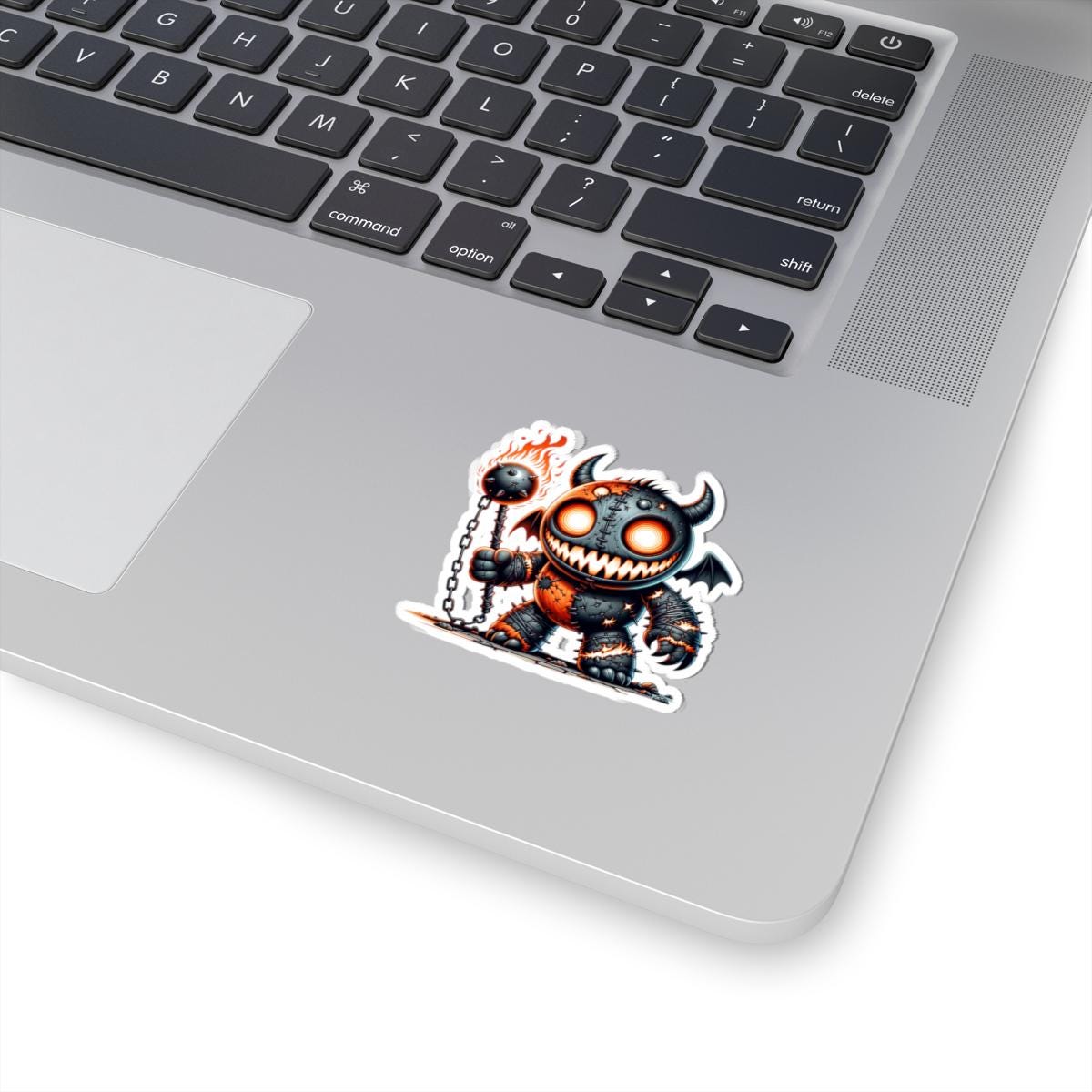 ColorFlow | Stitched Demon Plushie Vinyl Sticker | Fire Mace Art Decal | Spooky Cute Collectible | Unique Gift for Monster Fans
