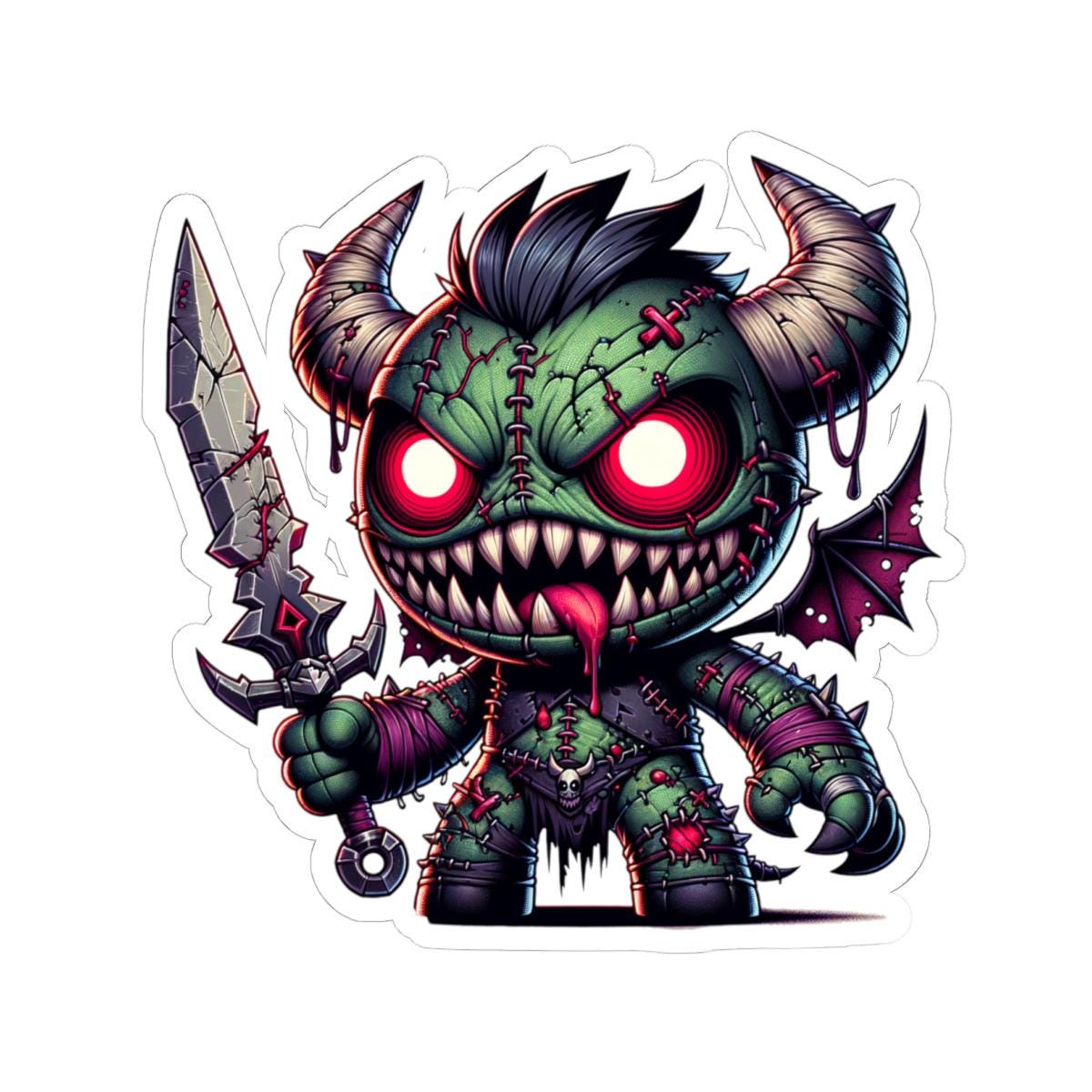 ColorFlow | Green Stitched Demon Plushie Monster Vinyl Sticker | Sword Art Decal | Unique Collectible | Fantasy Gift