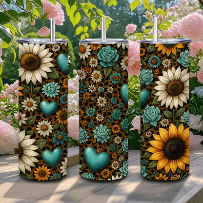 ColorFlow | Sunflower Turquoise Rose Tumbler | 20oz Stainless Steel | Boho Floral Heart Travel Mug | Insulated Cup with Straw
